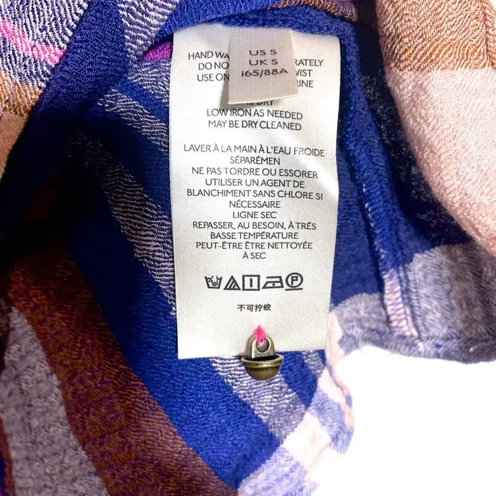 Pilcro Anthropologie Plaid Peplum Smocked Waist Long Sleeve Top Pink Navy Small